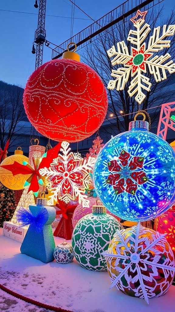 Giant Christmas decorations including large ornaments and snowflakes in a snowy setting.